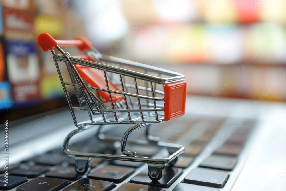 Poster a shopping cart icon sits atop a laptop keyboard, perfect for illustrating e-commerce or digital com