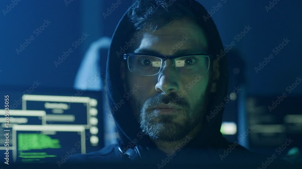 Poster a focused cybersecurity expert excelling in a dark environment with advanced skills