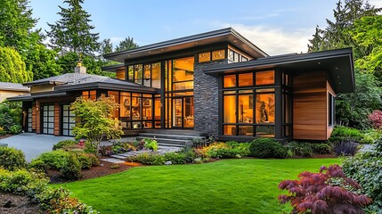 Modern house exterior with large windows and landscaped garden, nestled in a serene suburban neighborhood.