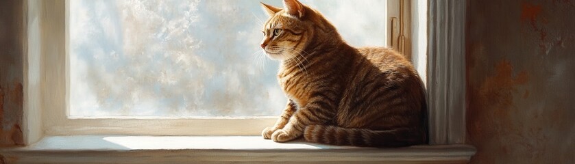 Serene tabby cat sitting gracefully on a windowsill, basking in warm sunlight.