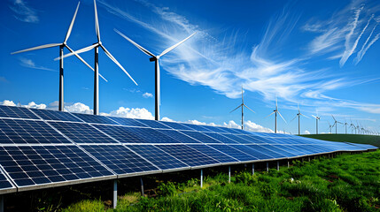 Renewable Energy Landscape Featuring Wind Turbines and Solar Panels Under Blue Sky