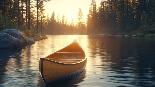 Sunrise Canoe on Calm Forest Lake - Powered by Adobe