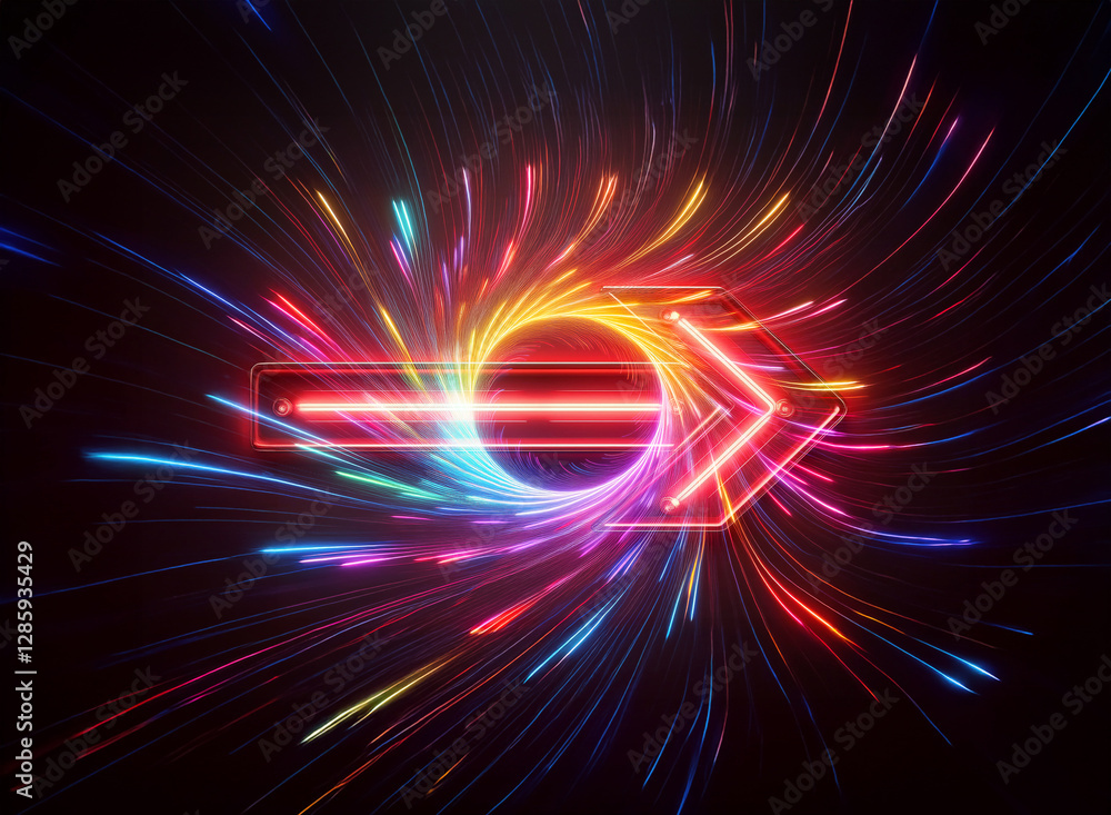 Poster double exposure effect showcases a neon arrow emitting vibrant, radial light trails against a dark b