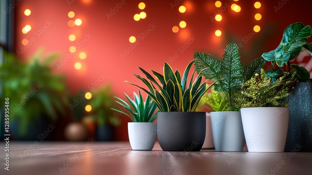 Poster group of potted plants are arranged on a wooden floor, with some of them being white and others bein