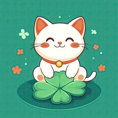 Obraz premium Cute cat sitting on a clover leaf.