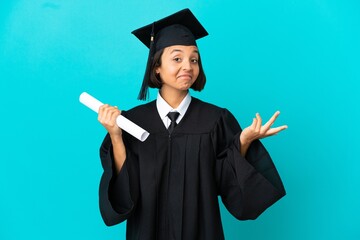 Young university graduate girl over isolated blue background happy and smiling