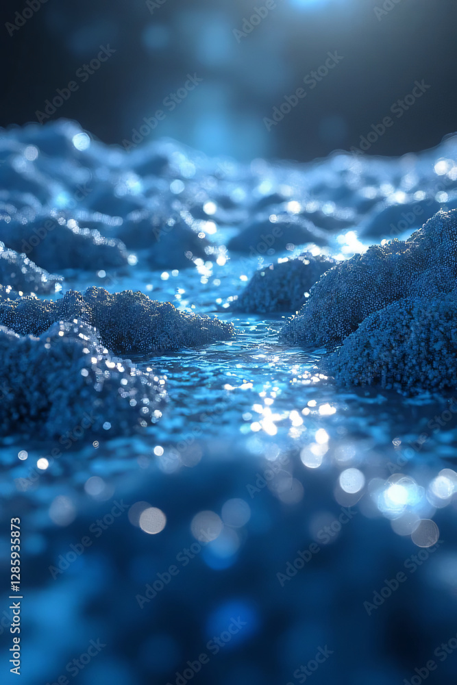 Wall mural closeup of shiny water droplets creating an abstract texture on a cold surface with bubbles and a fr