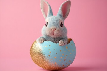 Fototapeta premium Cute fluffy bunny emerging from a pastel egg on a vibrant pink background. Generative AI