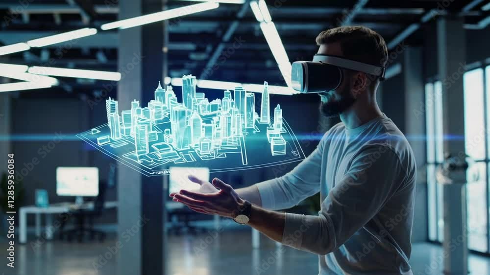 Poster skilled architect wearing virtual reality headset interacting with holographic smart city projection