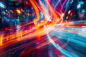 Abstract urban nightscape with vibrant light trails, showcasing dynamic city energy and motion blur.