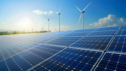 Solar panels in a renewable energy field with wind turbines and a bright sky in the background