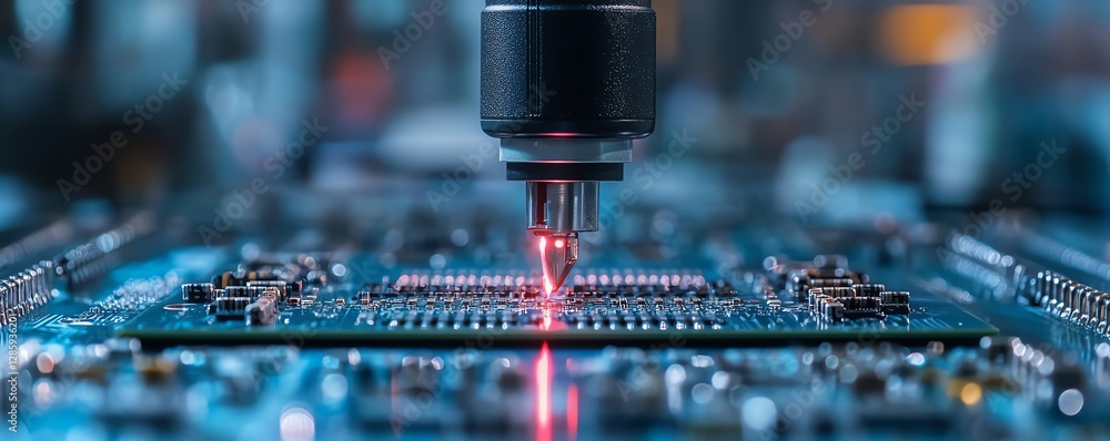 Aufkleber precision robotic arm placing components on a circuit board in a hightech manufacturing plant, with 