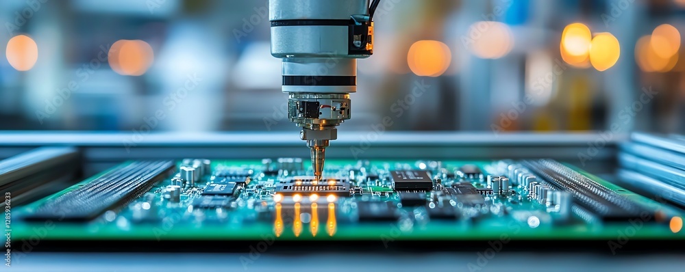 Aufkleber precision robotic arm placing components on a circuit board in a hightech manufacturing plant, with 