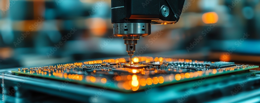 Aufkleber precision robotic arm placing components on a circuit board in a hightech manufacturing plant, with 
