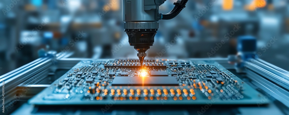 Aufkleber precision robotic arm placing components on a circuit board in a hightech manufacturing plant, with 