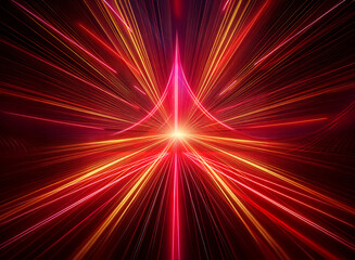 Vibrant double exposure image featuring abstract red and orange light streaks radiating from a central luminous point, creating a dynamic visual.