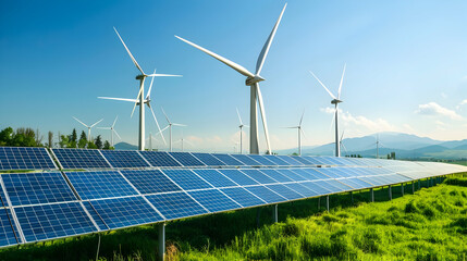 Wind turbines and solar panels in a green landscape under a clear blue sky, showcasing renewable energy