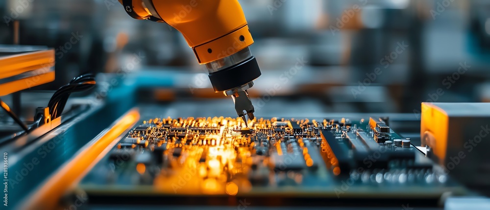 Aufkleber Robotic arm performing intricate work by placing components on an electronic circuit board in a modern manufacturing plant