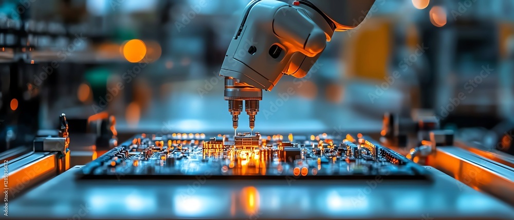 Aufkleber Robotic arm performing intricate work by placing components on an electronic circuit board in a modern manufacturing plant