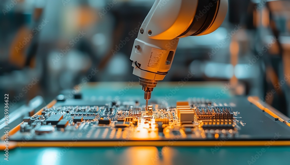 Poster robotic arm precisely placing components on an electronic circuit board in a modern manufacturing pl