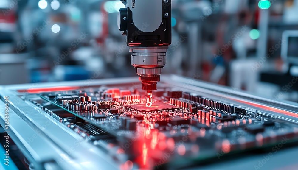Poster robotic arm precisely placing components on an electronic circuit board in a modern manufacturing pl