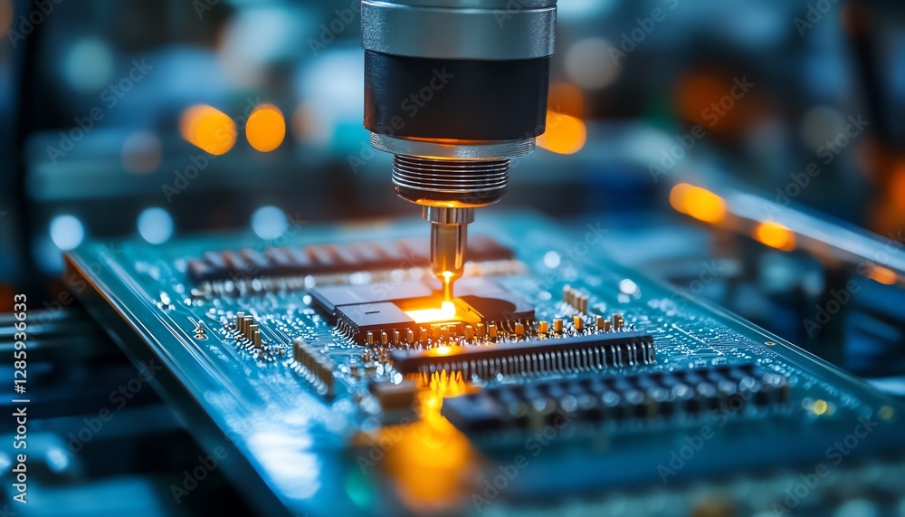 Aufkleber robotic arm precisely placing components on an electronic circuit board in a modern manufacturing pl