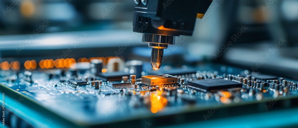 Poster robotic arm precisely placing components on an electronic circuit board in a modern manufacturing pl