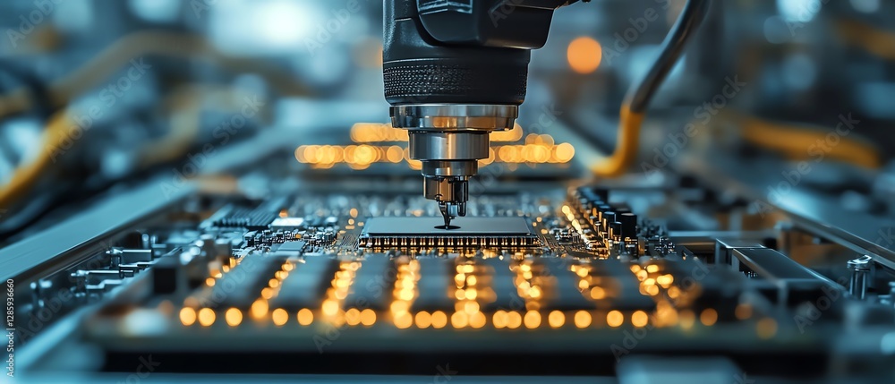 Poster robotic arm precisely placing components on an electronic circuit board in a modern manufacturing pl