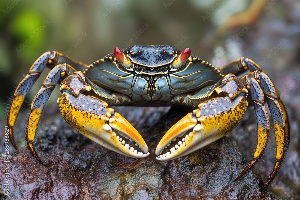 Poster a close-up shot of a crab sitting on a rock