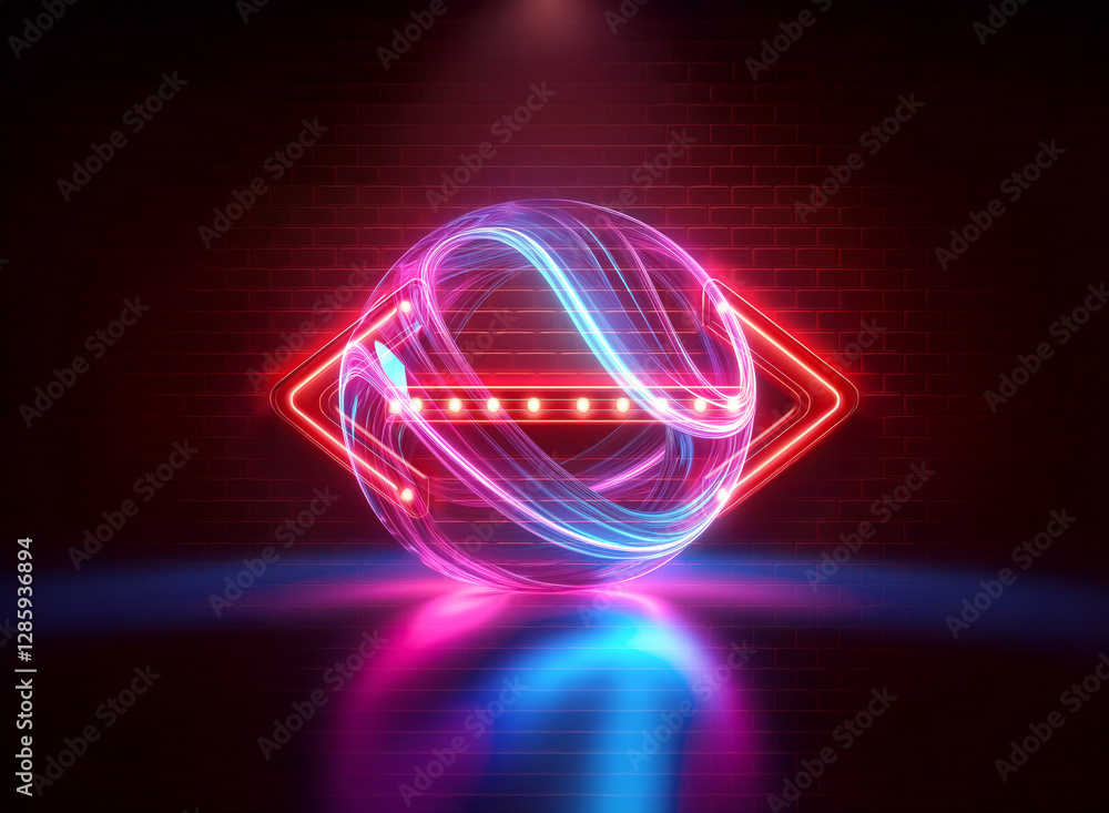 Poster abstract neon artwork with double exposure. vibrant futuristic design featuring glowing lines and sh