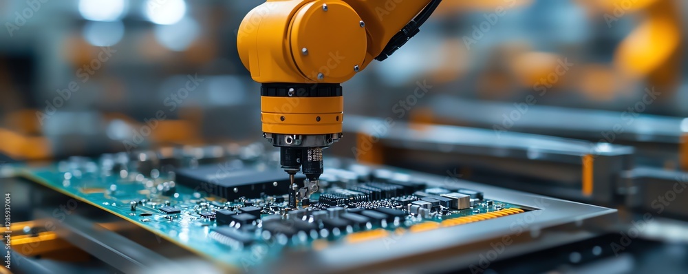 Poster advanced robotic arm placing electronic components on a circuit board in a modern manufacturing plan
