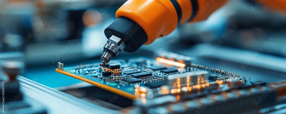 Poster advanced robotic arm placing electronic components on a circuit board in a modern manufacturing plan