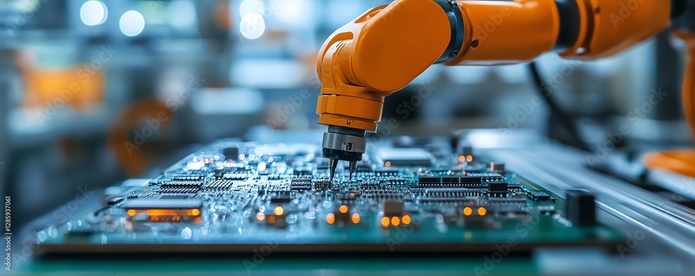 Poster advanced robotic arm placing electronic components on a circuit board in a modern manufacturing plan