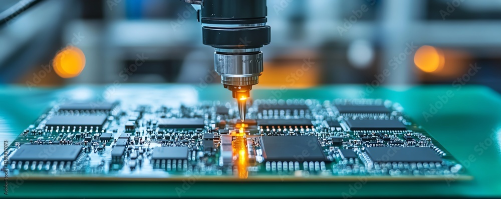 Poster advanced robotic arm placing electronic components on a circuit board in a modern manufacturing plan