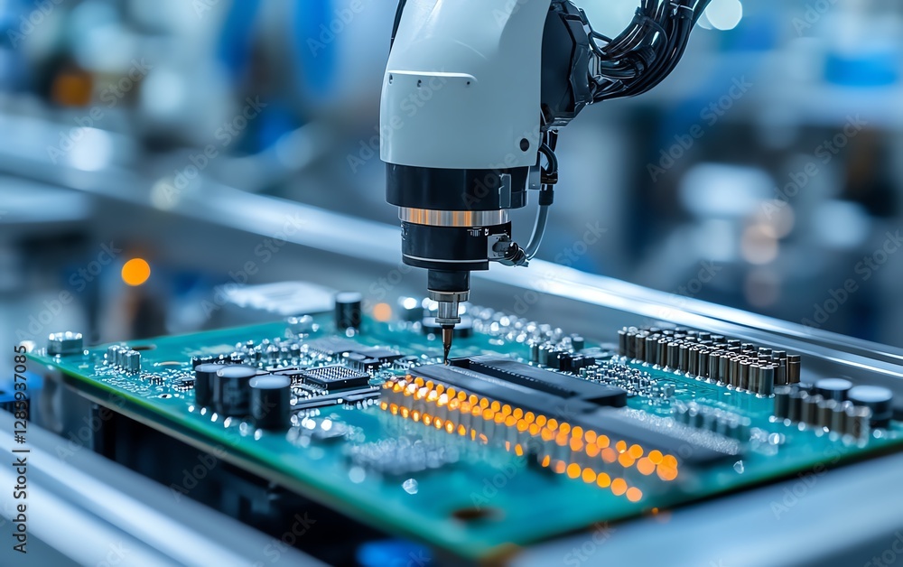Poster Automated robotic arm placing components on an electronic circuit board in a modern manufacturing facility