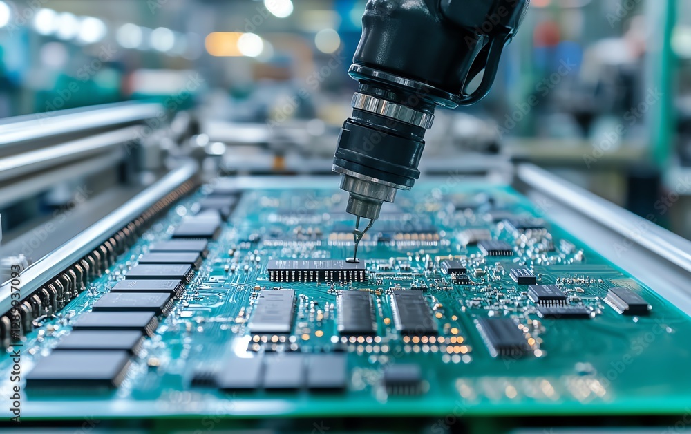 Poster Automated robotic arm placing components on an electronic circuit board in a modern manufacturing facility