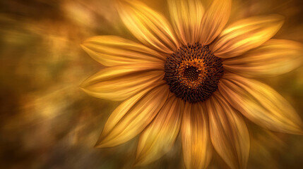 Obraz premium close up of single sunflower with vibrant yellow petals and dark center, set against blurred background, creating warm and inviting atmosphere