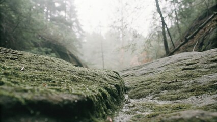 Naklejka premium Lush Green Ravine. Lush green ravine with vibrant moss, ideal for serene and inspirational imagery in nature photography.