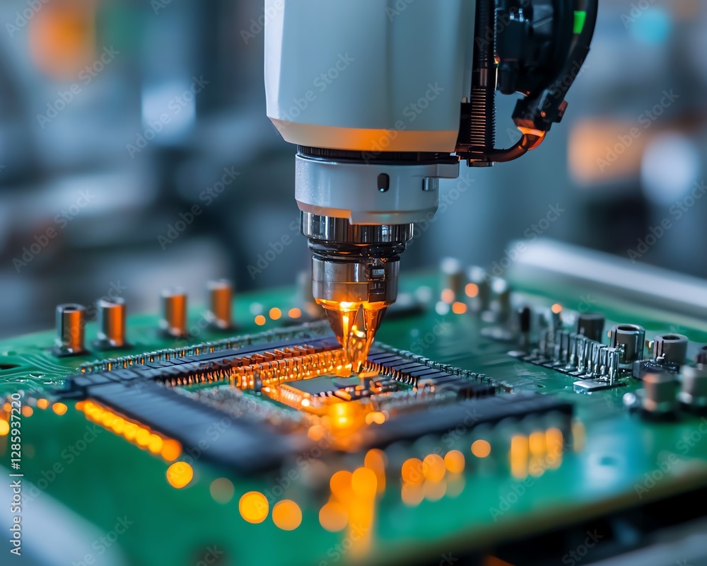 Poster automated robotic arm placing intricate components on an electronic circuit board in a modern manufa