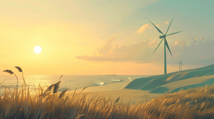 Serene sunset over a coastal landscape with wind turbines and gentle waves lapping at the shore
