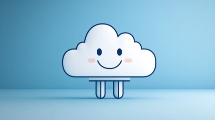 Cute smiling cloud with minimalistic cartoon aesthetic standing on small legs clean blue background symbolizing happiness positivity and playful character for children&rsquo;s design and friendly visuals
