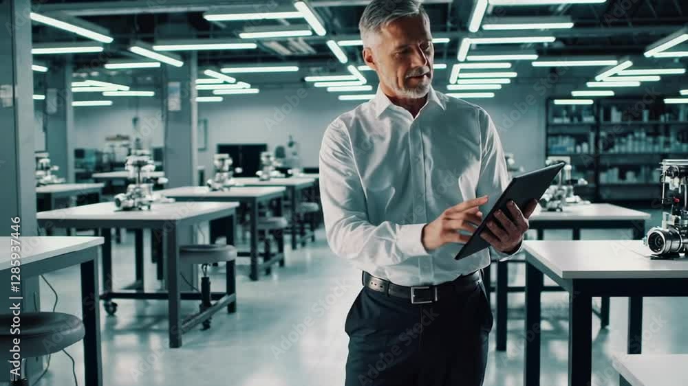 Poster Mature professional engineer analyzing data on digital tablet while walking through high tech manufacturing facility, showcasing industrial innovation in slow motion