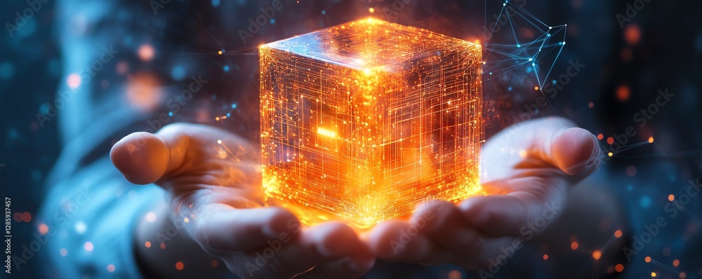Poster glowing cubes held by hands, showcasing secure data storage, with network security, encryption, fire