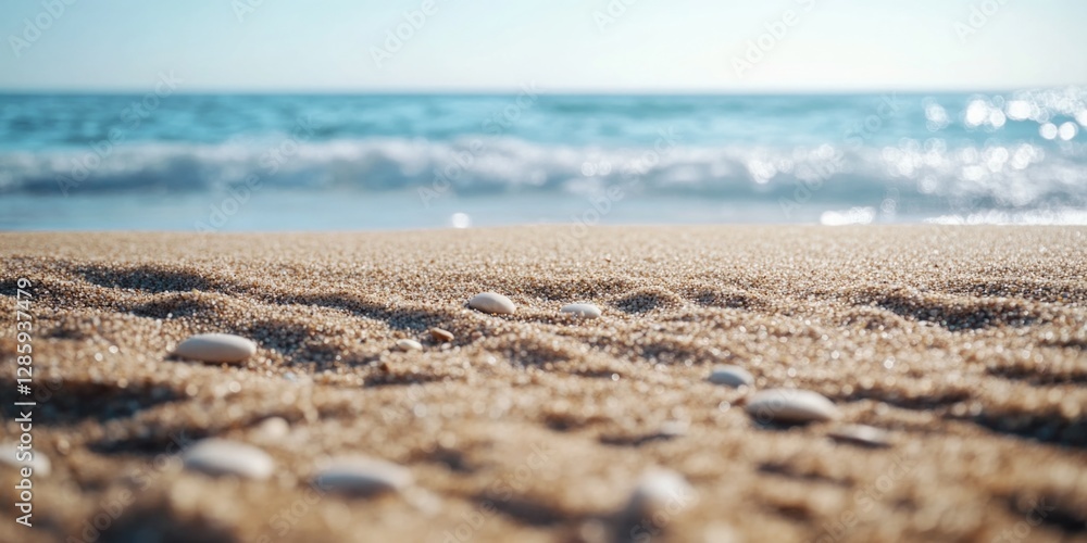 Poster a serene sandy beach with shells scattered across the surface, backed by the vast expanse of the oce
