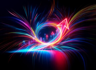 Obraz premium Vibrant double exposure art with glowing arrows pointing upwards amidst swirling, colorful light trails against a dark backdrop. Dynamic and energetic composition.