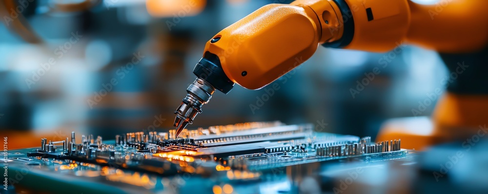 Poster hightech robotic arm assembling components on a circuit board in a modern manufacturing plant
