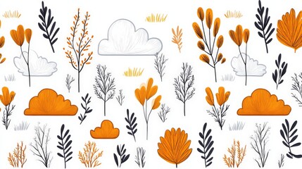 Autumn themed seamless pattern with stylized fluffy clouds golden leaves and botanical elements in warm earthy tones creating elegant seasonal decorative background with nature inspired design