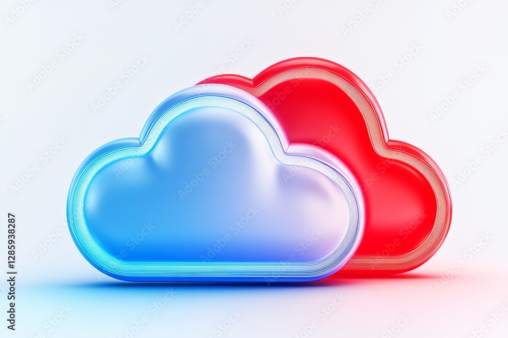 Poster two neon glowing cloud icons in red and blue with futuristic digital aesthetics and sleek reflection