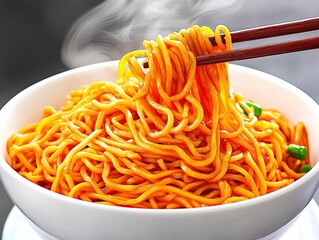 A cinematic close-up of chopsticks picking up perfectly cooked Pad Thai noodles, steam rising, shallow depth of field