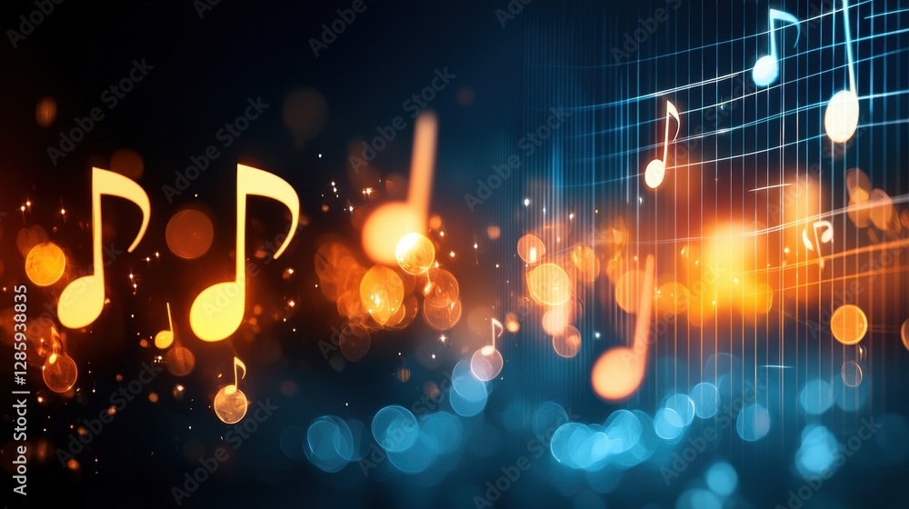 Poster artistic representation of music in a vibrant abstract design with notes and lights